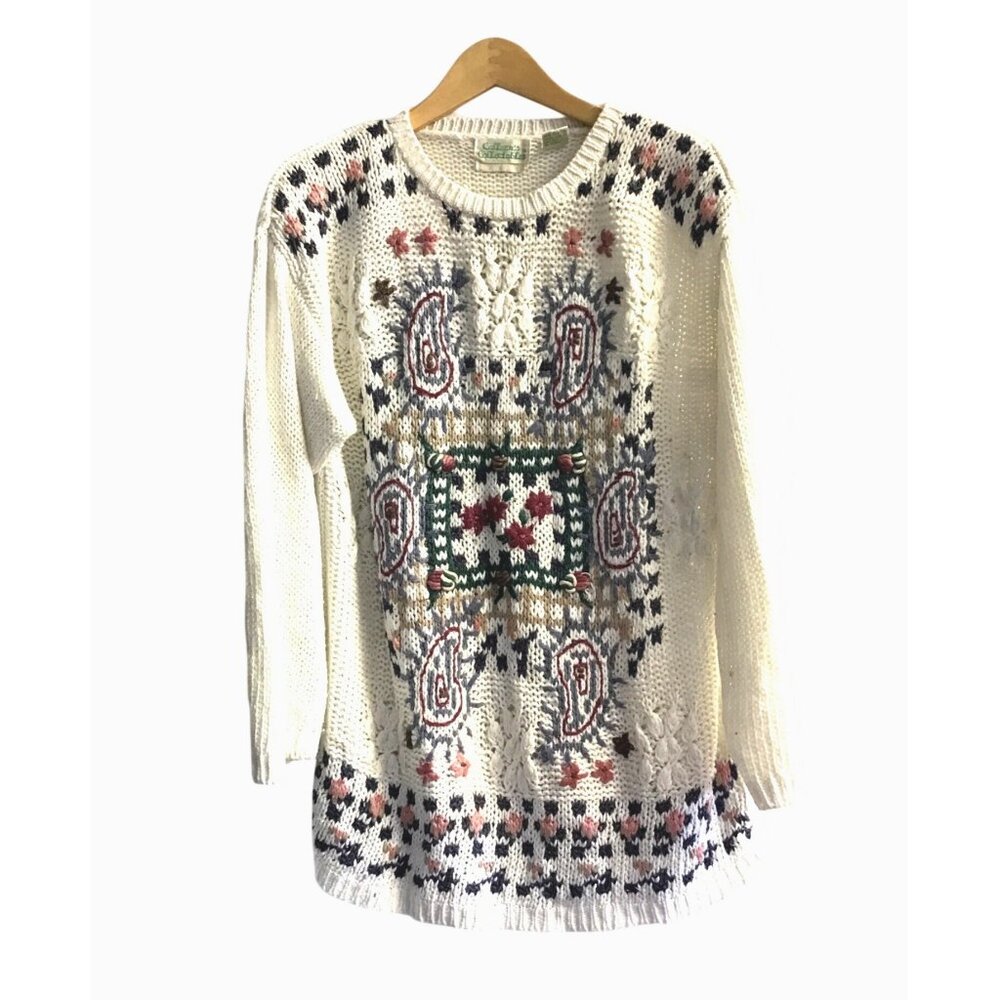 COLLEEN'S COLLECTABLES- WOMWNS WHITE MULTI KNIT LONG SLEEVE SWEATER SIZE LARGE